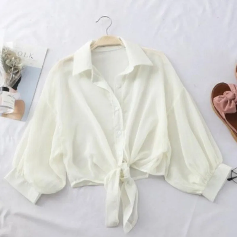 Chiffon Women New  Shirts Summer Half Sleeve Buttoned Up Loose Casual Sunny Shirts Female Tied Waist Elegant White Tops