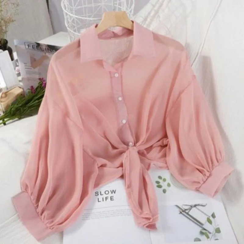 Chiffon Women New  Shirts Summer Half Sleeve Buttoned Up Loose Casual Sunny Shirts Female Tied Waist Elegant White Tops