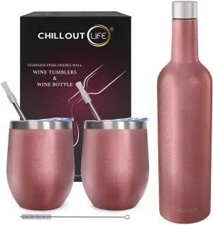 CHILLOUT LIFE Stainless Steel Wine Tumblers 2 Pack 12 oz & 1 Insulated Wine Bottle - Double Wall Vacuum Insulated Wine Cups with Lids and Straws Set