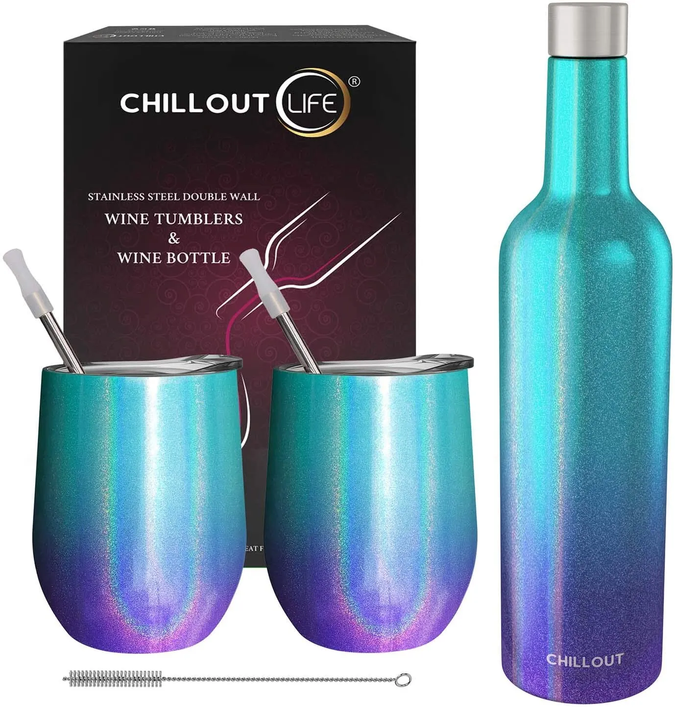 CHILLOUT LIFE Stainless Steel Wine Tumblers 2 Pack 12 oz & 1 Insulated Wine Bottle - Double Wall Vacuum Insulated Wine Cups with Lids and Straws Set