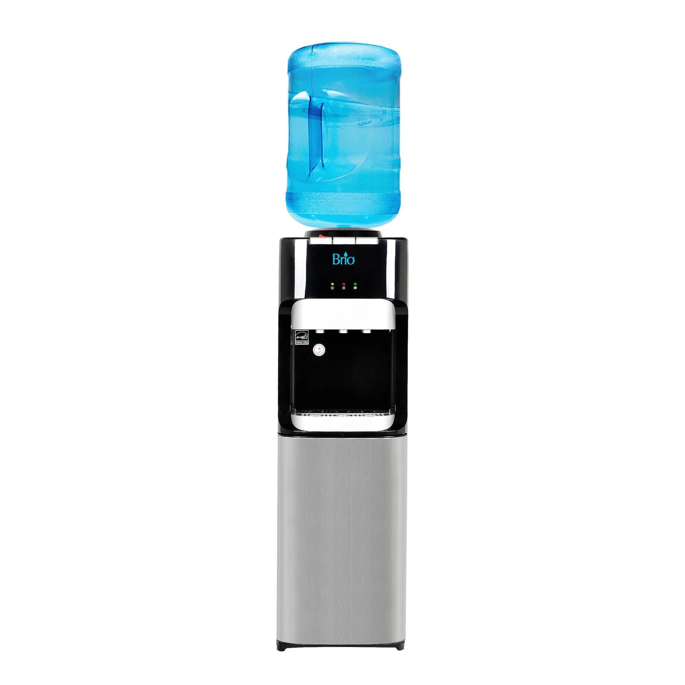 Hot Cold and Room Temp Water Dispenser Cooler Top Load, Tri Temp, Black and Stainless Steel, Brio Essential