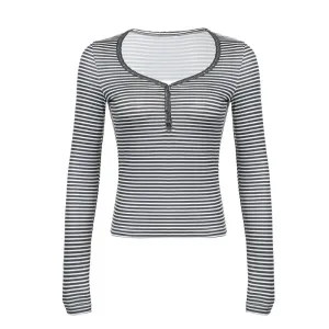 Lace Trim V Neck Long Sleeve Top Casual Gray Striped Print T Shirts Fall Clothes 2024 Women P84-BC12