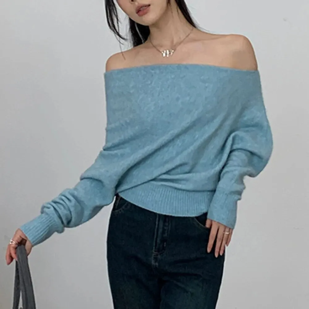 Solid Loose Casual Knitting Sweaters For Women Diagonal Collar Long Sleeve Cold Shoulder Temperament Sweater Female