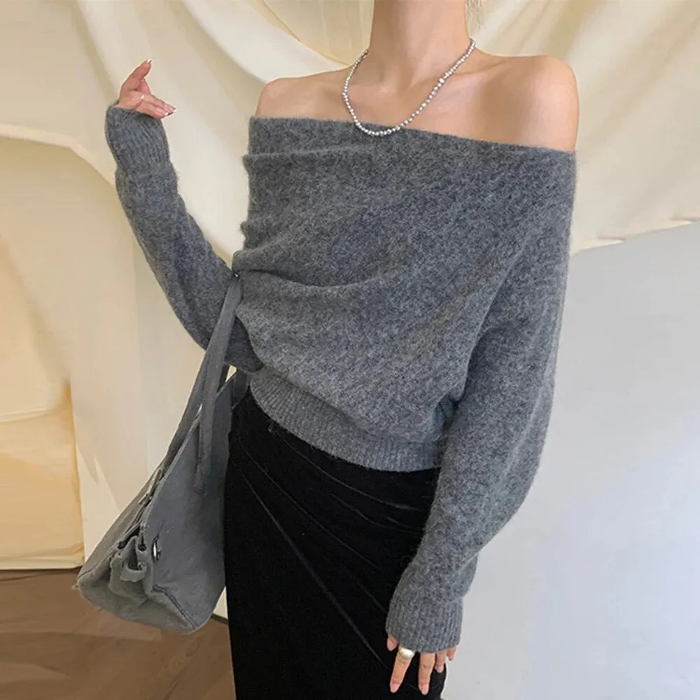 Solid Loose Casual Knitting Sweaters For Women Diagonal Collar Long Sleeve Cold Shoulder Temperament Sweater Female