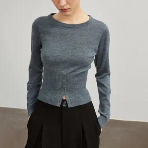 Solid Minimalist Sweaters For Women Round Neck Long Sleeve Patchwork Button Slimming Knitting Sweater Female