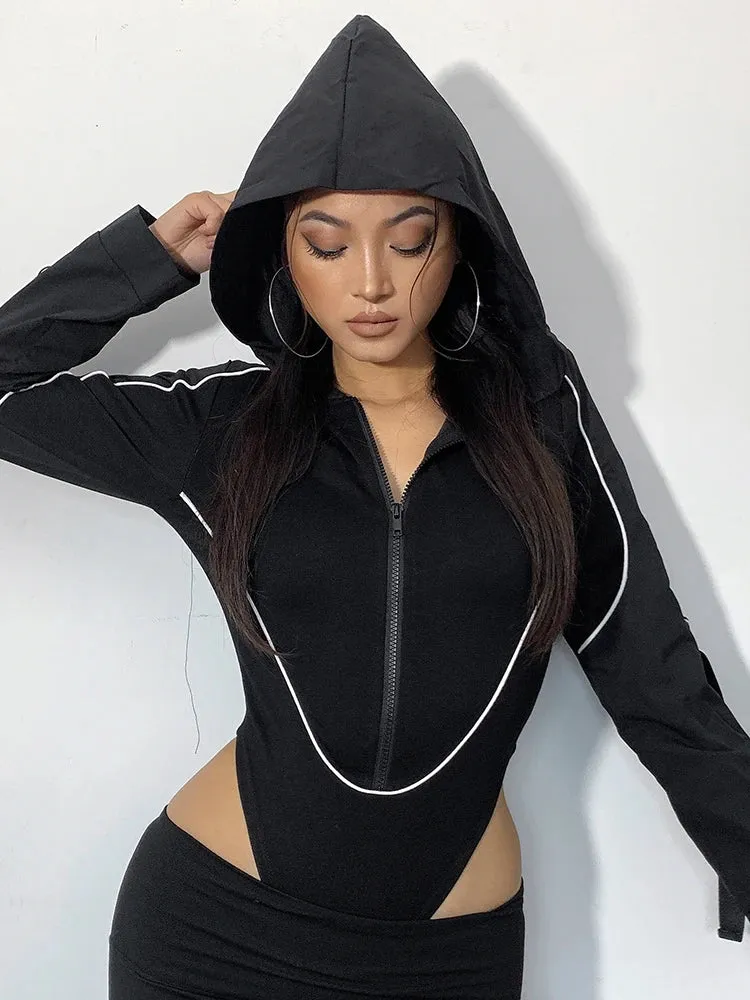 Streetwear Cargo Style Hooded Black Bodysuit Women Stripe Stitching Zipper Bodycon Body Fashion Moto Autumn Jumpsuit